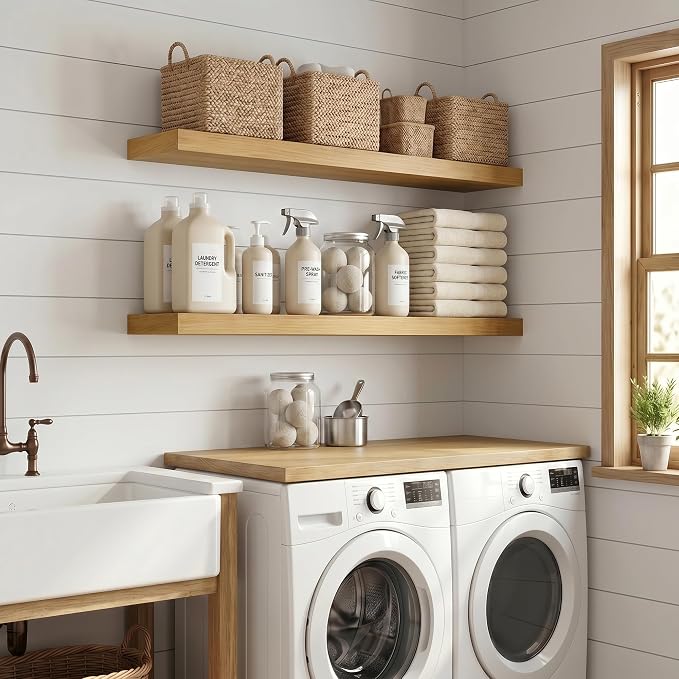 FLYJOE 32 Inch Floating Shelves, 12 Inch Deep Floating Shelves Set of 2, 32''W x 12''D Oak Shelves for Wall, Bathroom Available, Engineered Wood, Mounting Hardware Included