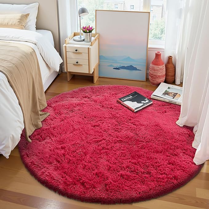 OLANLY Red Round Rugs for Bedroom - Machine Washable, 8 ft Circle Area Rugs for Living Room, Soft and Fluffy Shaggy Carpet for Teen Girls and Boys, Nursery Rooms, Dorms, Home Decor Aesthetic
