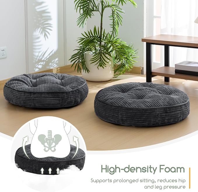 HIGOGOGO Floor Pillow Cushion for Adults, Meditation Cushion Pillow, Large Round Floor Sitting, Removable Tufted Corduroy Cover, for Tatami Living Room or Yoga, 22x22 Inch, Dark Grey