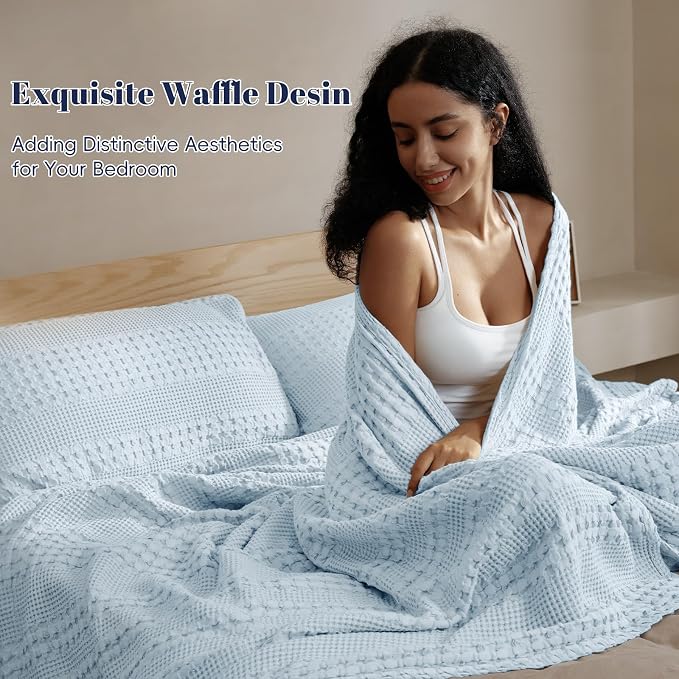 PHF 100% Cotton Waffle Blanket Twin Size for College Dorm, Lightweight Breathable and Soft for Summer, Luxury Aesthetic Waffle Weave Blanket for Bed & Gifts for Women, 66"x90", Sky Blue