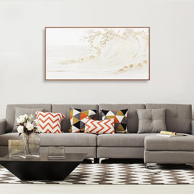 Wall Art Small Size Framed Home Artwork Decor Hand Painted White wave with golden embellishments Modern Canvas Painting For Living Room Decor For Bedroom Office Wall Decor 20"X 40"