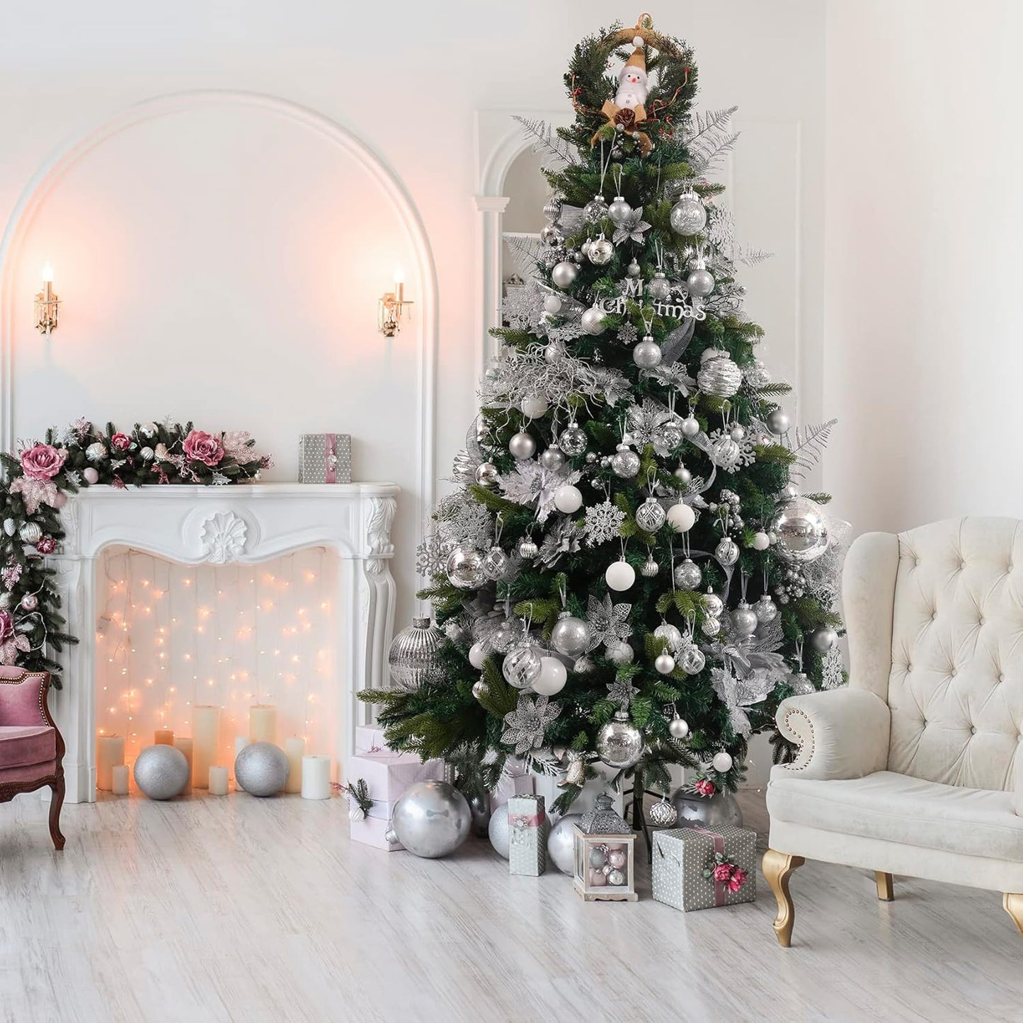 Clear Christmas Ball Ornaments,24ct Shatterproof Plastic Decorative Christmas Ornaments Hanging Xmas Tree Baubles Set with Stuffed Delicate Glittering Decorations for Holiday Party Home Decor (Silver)