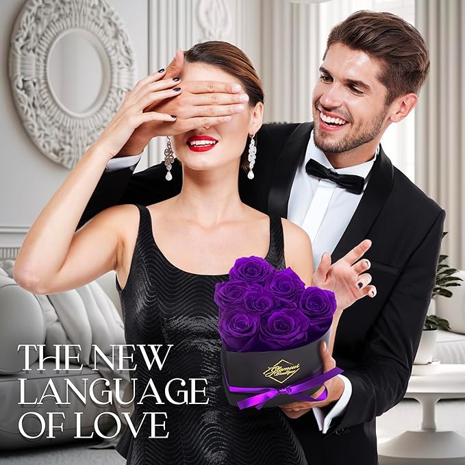 GLAMOUR BOUTIQUE 7 Flower Forever Heart Shape Box, Eternal Preserved Roses Gift for Her, Lasting Flowers, Petite Floral Heart Box for Birthday, Anniversary or Valentine’s Day, Purple (Color-Treated)