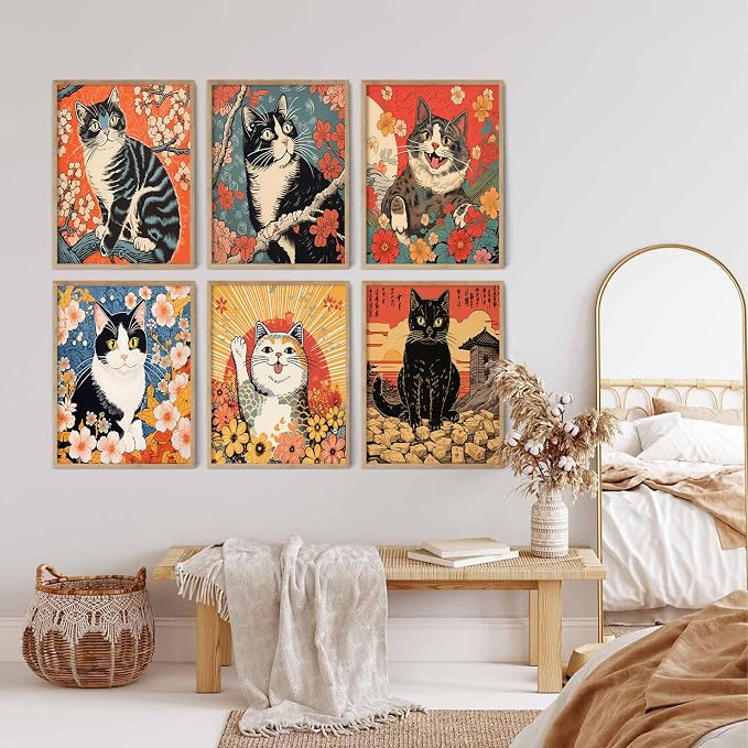 Japanese Cat Wall Art Funny Cat Canvas Poster Anime Wall Decor Asian Tattoo Prints Japan Wall Art Cute Artwork Tokyo Kitten Poster Vintage Pictures for Living Room Bedroom 12x16 Inch Unframed Set of 6
