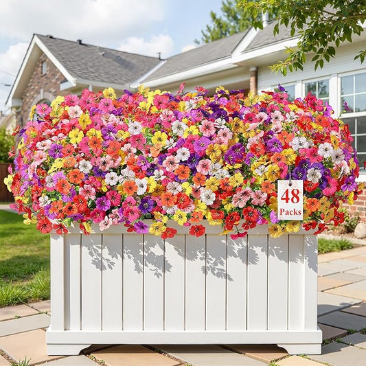Alupssuc 48 Bundles Artificial Flowers for Outdoors Decoration, UV Resistant Silk Faux Daisy Flora Spring Fake Plastic Plants Greenery for Outside Indoor Yard Home Porch Window Box Decor, Mix 8 Colors