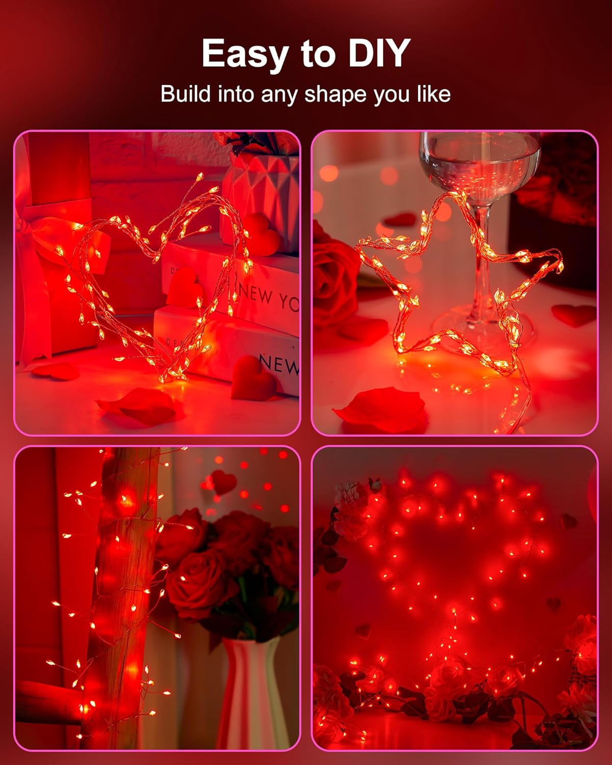 Red Fairy Lights Battery Operated, Valentine's Day Silver Wire 5 Feet 60 Led Firecracker String Lights for DIY Wreath Home Wedding Party Bedroom Mason Jar Holiday Christmas