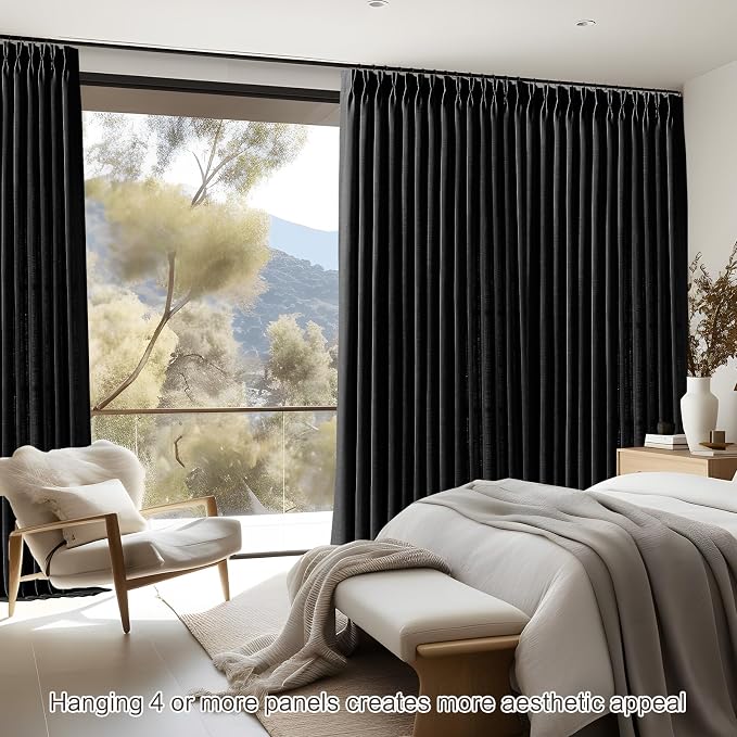 YZ HOME Black Linen Pinch Pleated Curtains 96 Inches Long for Living Room, Light Filtering Pleat Drapes Textured Thick Ceiling Semi-Sheer Window Curtain with Hooks for Bedroom Balcony, 2 Panels