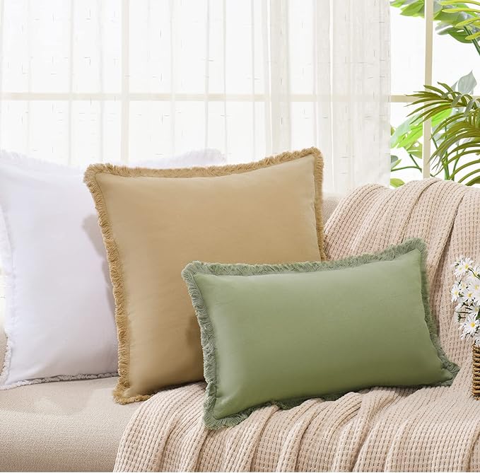 ZWJD Pillow Covers 20x20 Set of 2 Khaki Throw Pillow Covers with Fringe Chic Cotton Decorative Pillows Square Cushion Covers for Sofa Couch Bed Living Room Farmhouse Boho Decor