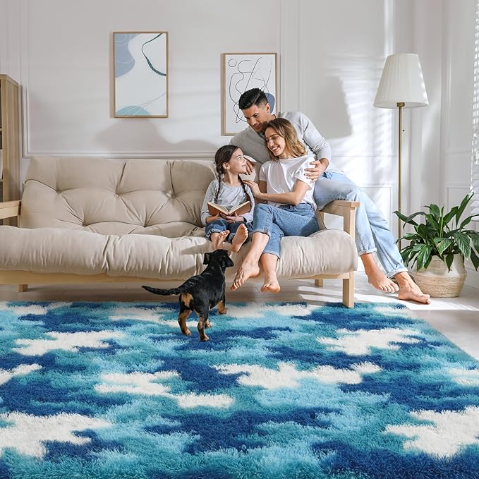 AROGAN Soft Fuzzy Kids Rugs for Girls Room Playroom 4x6 Feet, Fluffy Cute Colorful Princess Carpet for Kids Teens Nursery Toddler, Bedroom, Camouflage Blue and White