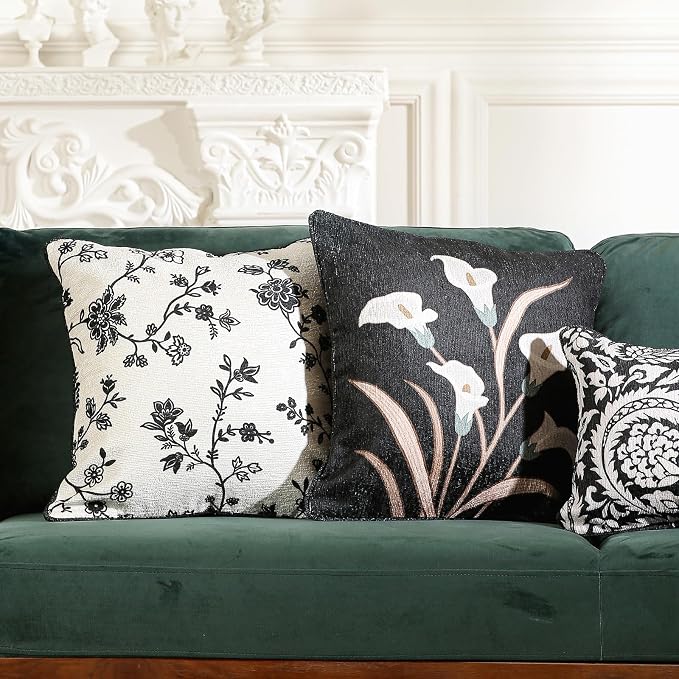 bilin gaier Designer Vintage Linen Throw Pillow Cover,18"x18"-Callalily B | Elegant Square Pillow Cover,Concealed Zipper Design,White Floral Pattern,Sofas,Bedroom,Living Room,Lounge Chairs