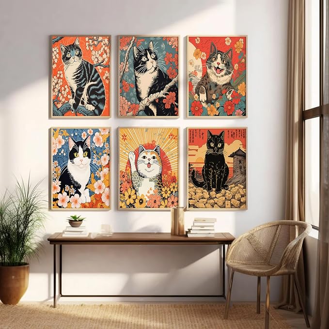 Japanese Cat Wall Art Funny Cat Canvas Poster Anime Wall Decor Asian Tattoo Prints Japan Wall Art Cute Artwork Tokyo Kitten Poster Vintage Pictures for Living Room Bedroom 12x16 Inch Unframed Set of 6
