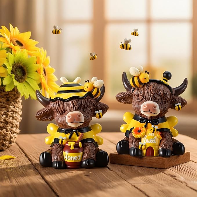 Karenhi 2 Pcs Bee Highland Cow Figurines, Bee Costume Resin Honey Cow Gnomes Scottish Resin Statue Calf Lovers Gifts for Spring Home Garden Kitchen Office Tiered Tray Table Decor