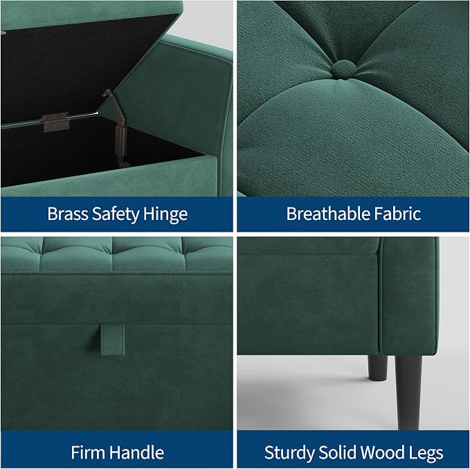 46.5" Storage Ottoman Bench – Upholstered End-of-Bed Storage Chest with Rolled Armrests & Wood Legs, Entryway Shoe Bench and Footrest Seat for Hallway, Bedroom & Living Room & Walk-in Closet (Green)