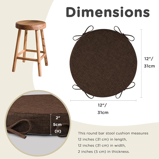 AddGrace Round Bar Stool Cushions with Ties Set of 2 Non Slip Seat Cushions 12x12 Inch Washable Chair Pads Removable Washable Cover Coffee