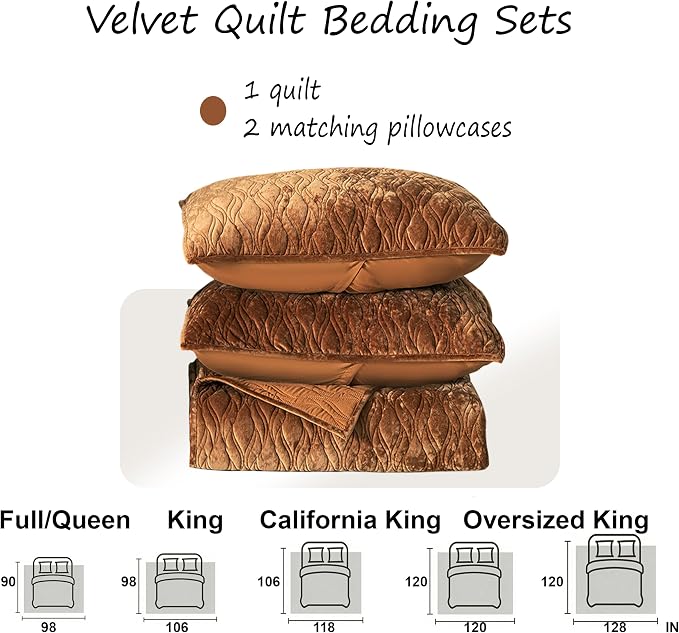 Velvet Quilt Set Oversized King Size 120x120 Bedspread with 2 Pillow Shams Ultra Soft Polyester Bedding All Season Decor for Bedroom Guest Room Hotel Retro Pastoral Home Decor, Caramel