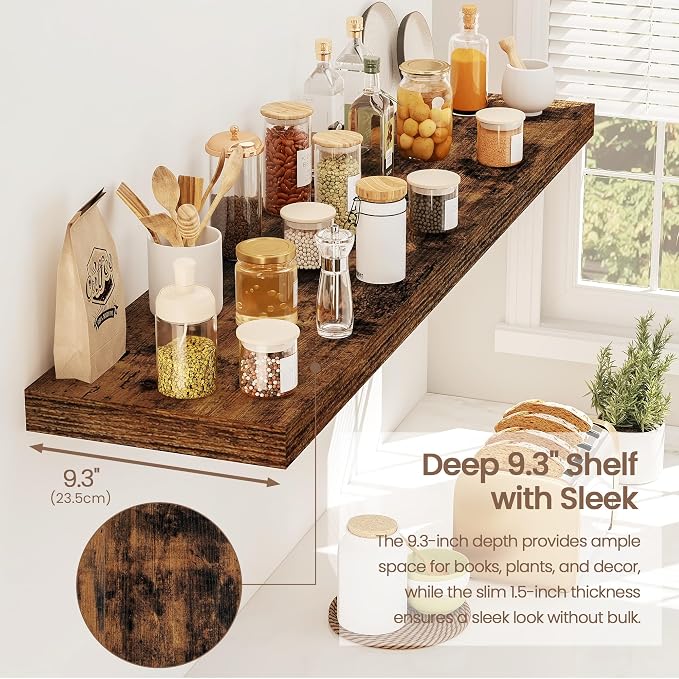 Vivelove Floating Shelves for Wall Mounted, 40 Inches Long Shelves, Display Shelf for Bathroom Living Room Kitchen Bedroom Office Farmhouse Home Decor, 40" X 9.3" X 1.5" - Set of 2, Rustic Brown