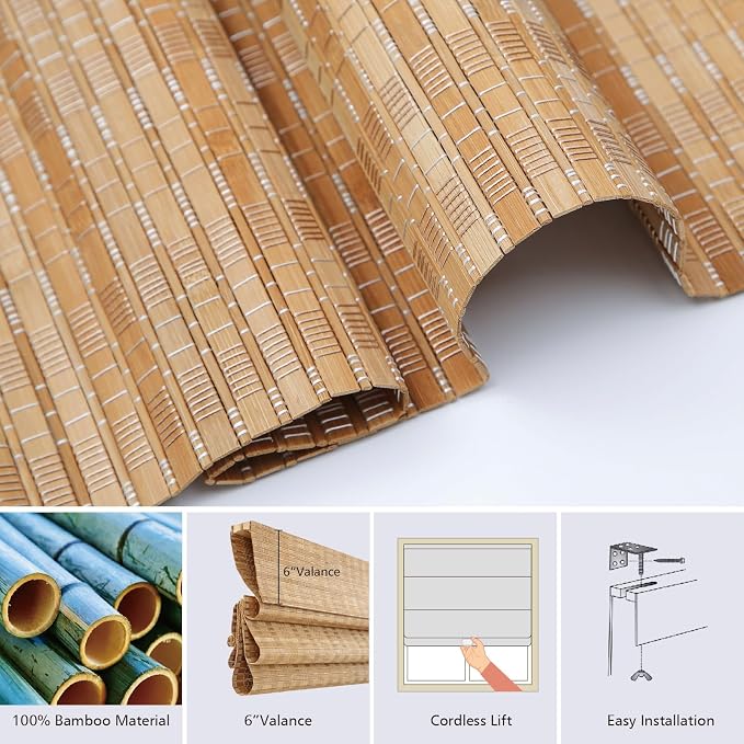 LETAU Cordless Wood Window Shades Blinds, Bamboo Sheer Light Filtering Woven Roman Shades, Walnut Beige, 30" W x 64" L