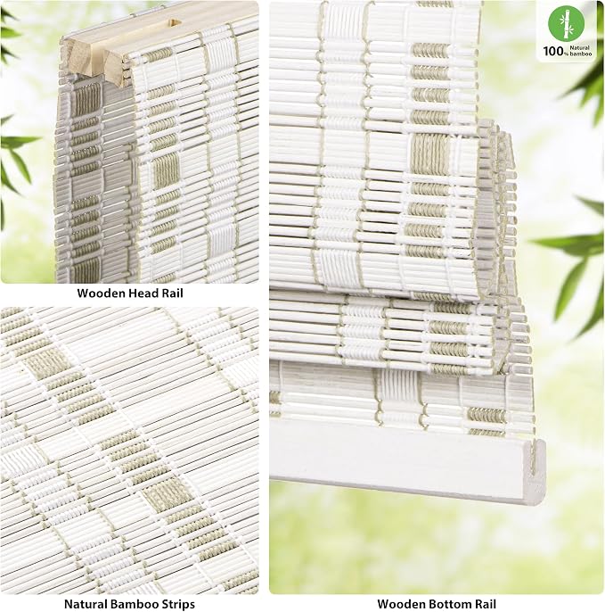 LazBlinds Cordless Bamboo Roman Shades for Windows, 48'' W x 60'' H | Natural Light Filtering Bamboo Window Blinds, Bamboo Blinds for Bedroom Living Room Office Indoor