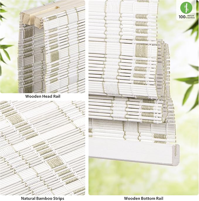 LazBlinds Cordless Bamboo Roman Shades for Windows, 31'' W x 60'' H | Natural Light Filtering Bamboo Window Blinds, Bamboo Blinds for Bedroom Living Room Office Indoor