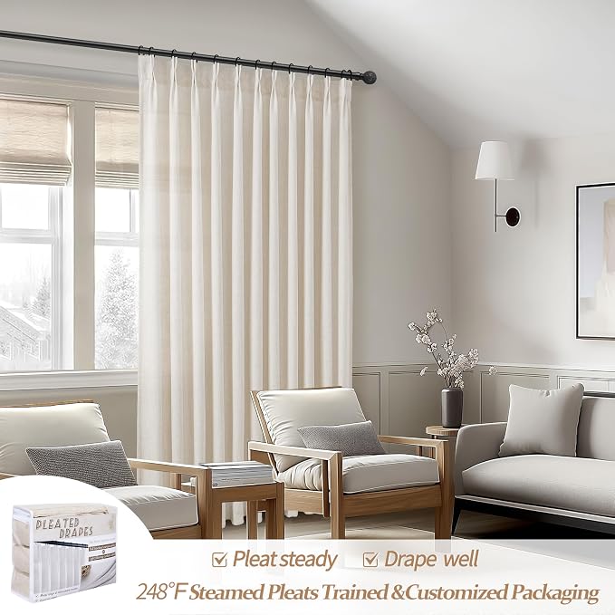 60 Inch Wide Curtains 90 Inches Long 2 Panels Set for Living Room, Pinch Pleated Linen Sheer Patio Sliding Door Luxury Curtain Privacy that Let Light in Cortinas para Cuarto 7-1/2 FT Length