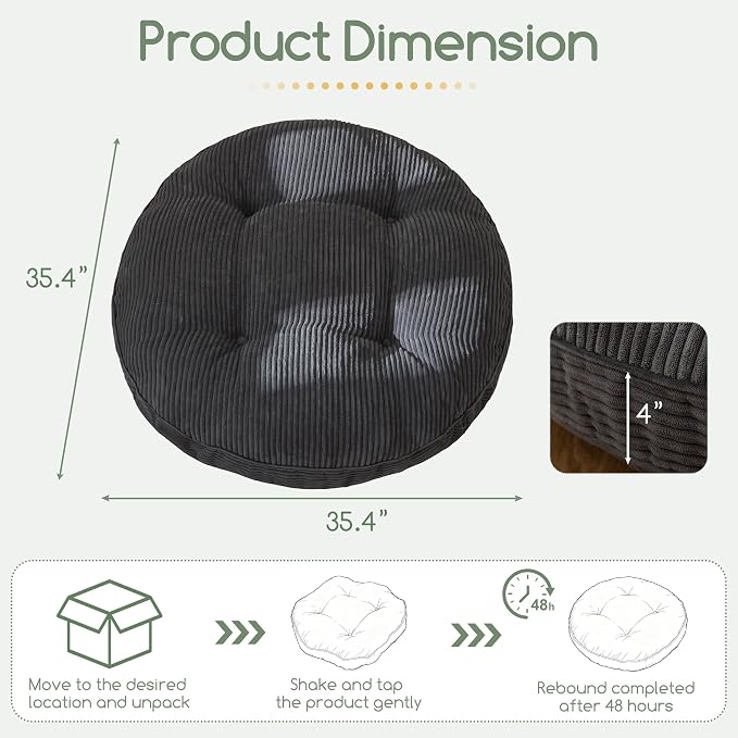 HIGOGOGO 35" Floor Pillow Cushion for Adults, Meditation Cushion Pillow, Extra Large Square Floor Sitting, Tufted Corduroy Cover for Tatami Living Room or Yoga, Dark Grey