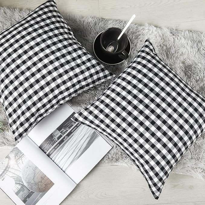 CARRIE HOME Black Plaid Throw Pillow Covers 18x18 Set of 2 Black and White Gingham Pillow Covers 18x18 Farmhouse Decor for Bedroom and Christmas Holiday