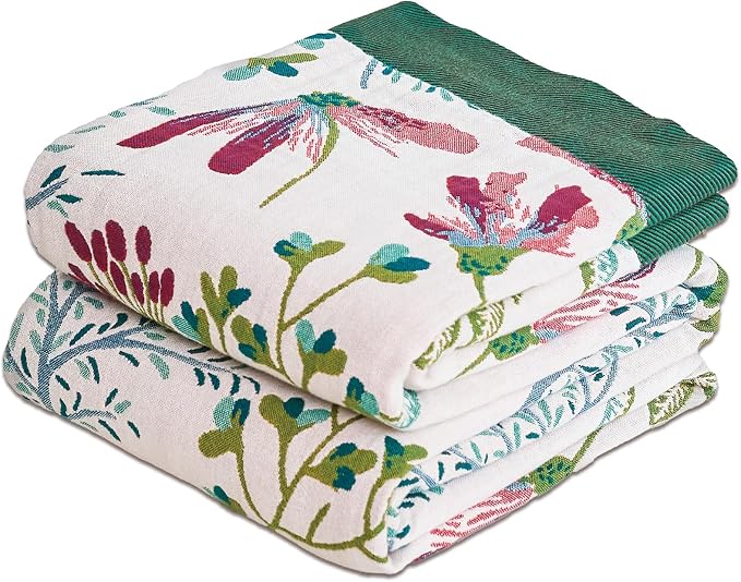 100% Cotton Boho Throw Blanket 90"x98" Oversized Reversible Botanical Summer Quilt for Queen Bed Sofa Couch 4-Layer Breathable Gauze Floral Muslin Blanket for Home Decor Gift White/Teal