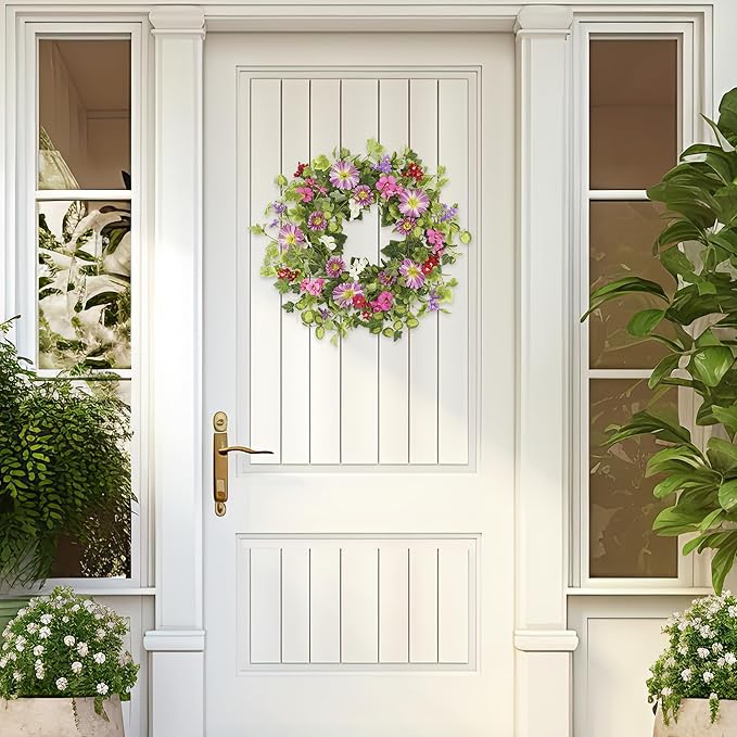 YNYLCHMX 18" Spring Summer Wreaths for Front Door, Artificial Floral Wreath with Pink Daisy & Green Eucalyptus Leaves, Green Foliage Wreath for Wall Window Farmhouse Party Holiday Home Decor