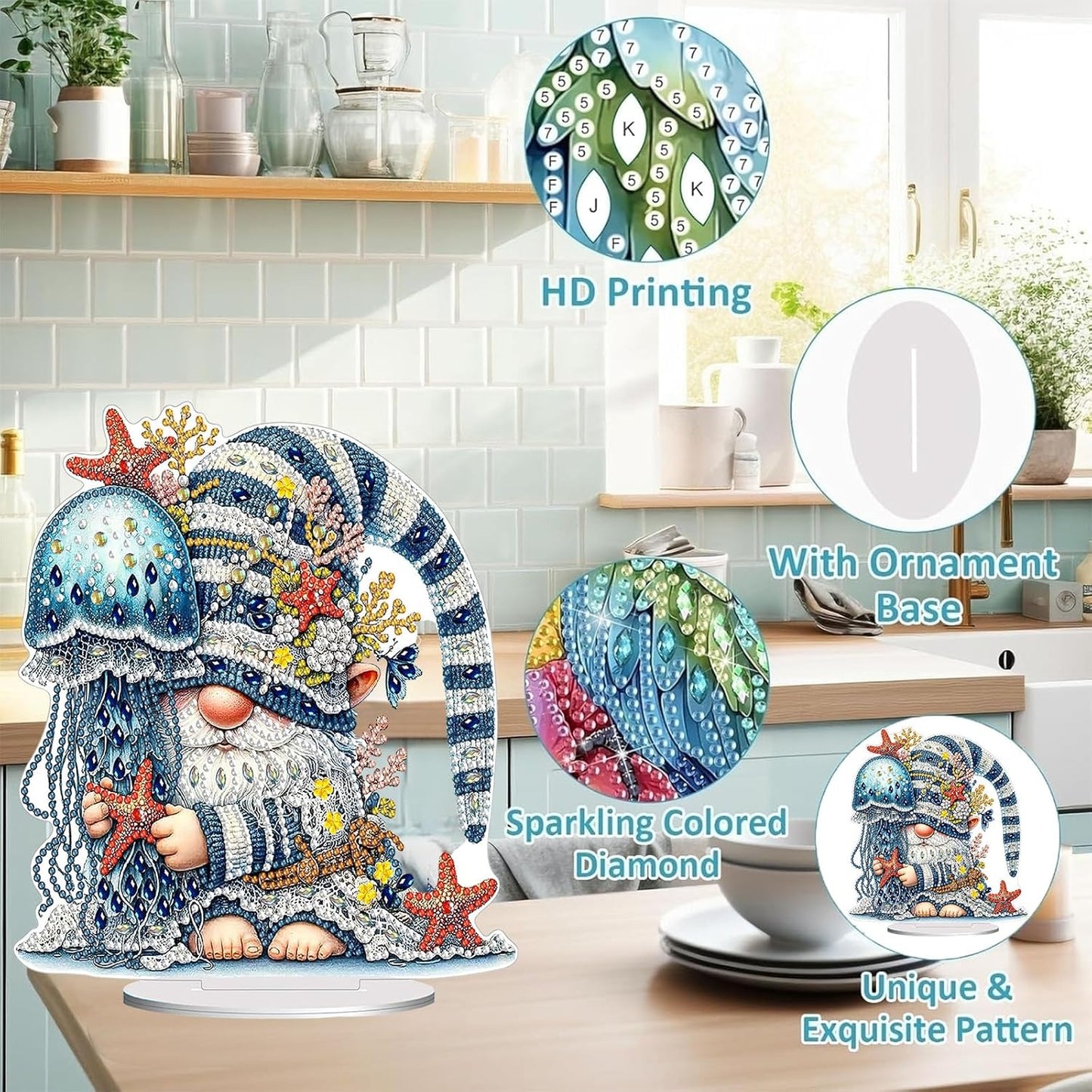 Diamond Painting Kits for Adults Beginners, 5D Full Drill Dwarf Ocean Crystal Art Desktop Ornament, DIY Single Sided Home Office Desk Decor, Creative Craft Gift Set with Tools