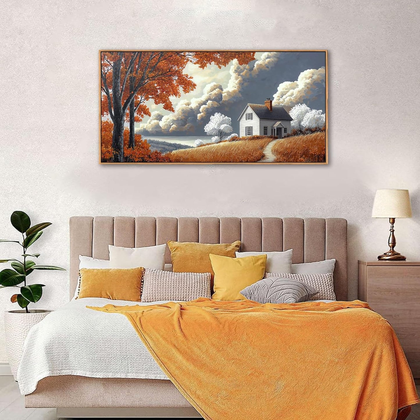 QZQCBLC Farmhouse Wall Art, White Clouds Orange Trees Landscape Pictures Rustic Cabin Painting Framed Artwork for Living room Bedroom Bathroom Home Office Decor 20x40 IN