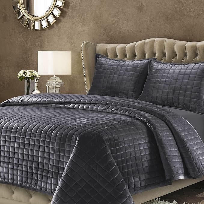 Tribeca Living Luxury Velvet Quilt King Size Set - 260GSM Ultra-Soft Oversized Velvet Bedspread Comforter Set with 2 Shams, in Florence Smoke Grey
