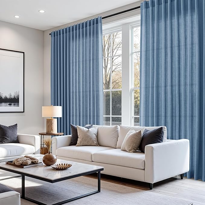 Linen Stone Blue Curtains 108 inch Living Room Back Tab Light Filtering Semi Sheer Drapes Modern Simplicity Farmhouse Coastal Decor for Floor to Ceiling High Window 52x108,2 Panels