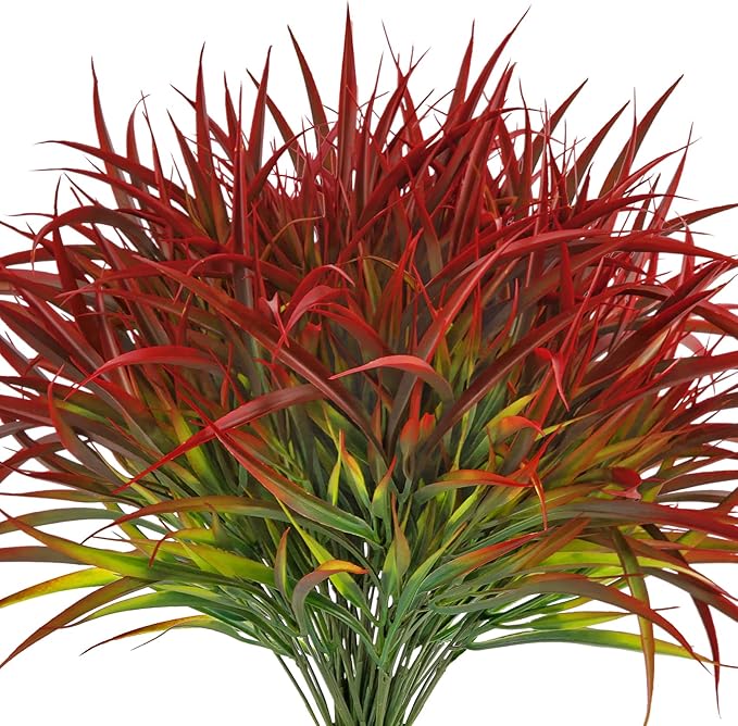Ouddy Decor 16 Bundles Artificial Plants Outdoor Fake Grass Greenery Stems UV Resistant Faux Plastic Plants Shrubs for Spring Summer Garden Pathway Window Box Farmhouse Front Porch Home Decor, Red