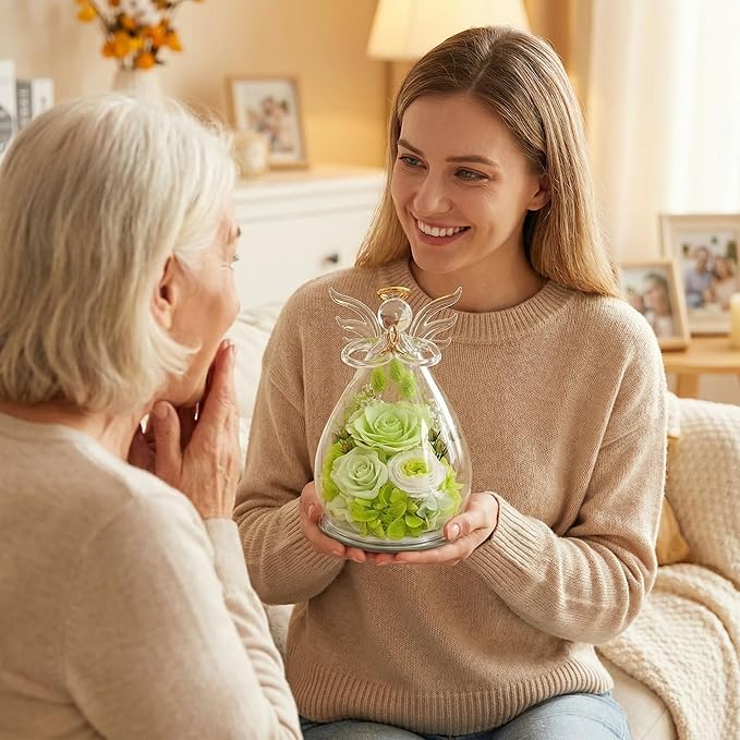 FIACO Gifts for Women Birthday Preserved Rose Forever Flower in Glass Angel Figurines Fresh Flowers for Delivery Prime for Mom Real Orange Roses for Grandma Sister Wife Her from Daughter