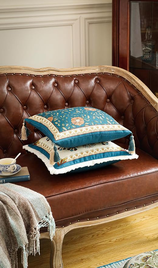 patdrea French Vintage Linen Throw Pillow Cover,18"x18",Set of 2-Wensel A | Decorative Pillow Case,Teal Floral Pattern,Pillow Cover for Couch Living Room Bedroom Sofa,Fringe Trim