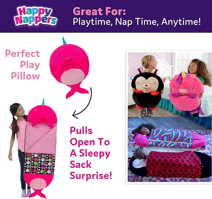 Happy Nappers Pillow & Sleepy Sack- Comfy, Cozy, Compact, Super Soft, Warm, All Season, Sleeping Bag with Pillow- Narwhal (Medium- 54” x 20”)