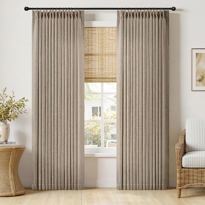 MIULEE Pinch Pleated Thick Linen Curtains 96 Inches Long 2 Panels for Living Room Bedroom, Memory Trained Pleat Drapes Light Filtering Grey Beige Semi Sheer Window Curtains Hooks Rings Back Tab