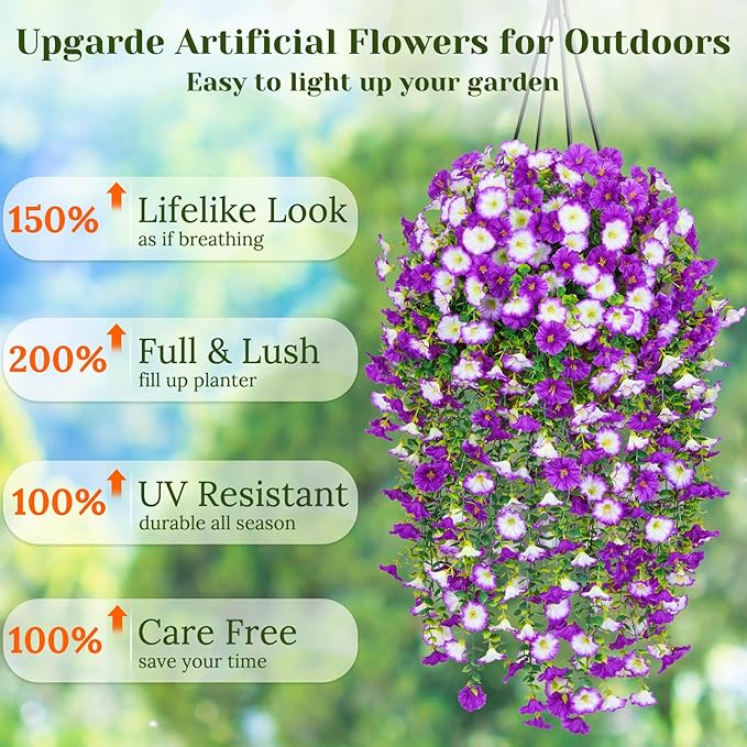 Dolicer 4 Packs Look Real Artificial Flowers for Outdoors, Fake Artificial Hanging Flowers for Outdoors Realistic UV Resistant Hanging Flowers Silk Petunia Faux Flowers for Porch Patio (Mixed Purple)