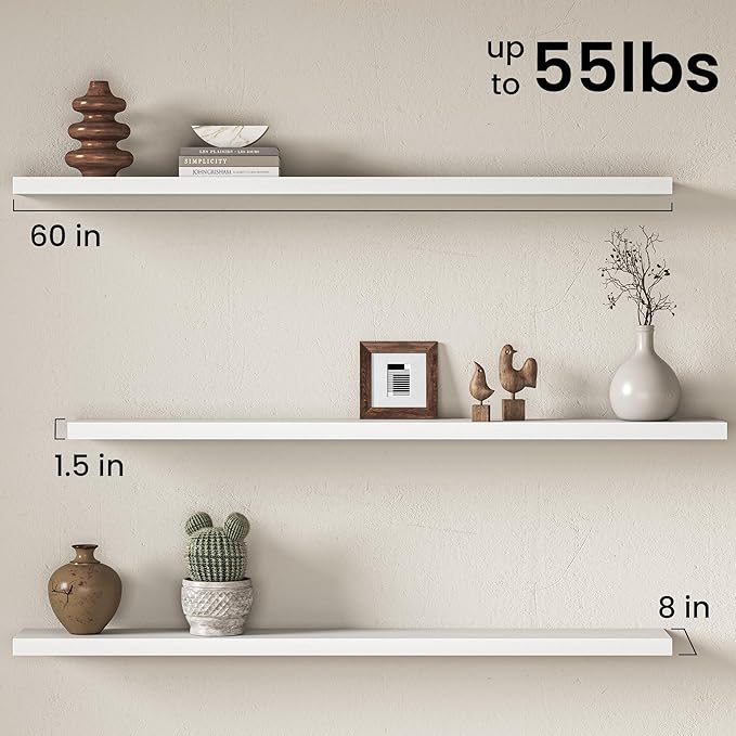 Fun Memories 60Inch Long Floating Shelves, 8 Inch Deep Shelves for Bedroom|Living Room, Wall Mounted Wood Hanging Shelf with Invisible Brackets for Fireplace Mantel Home Storage Decor, White - 2 Pack