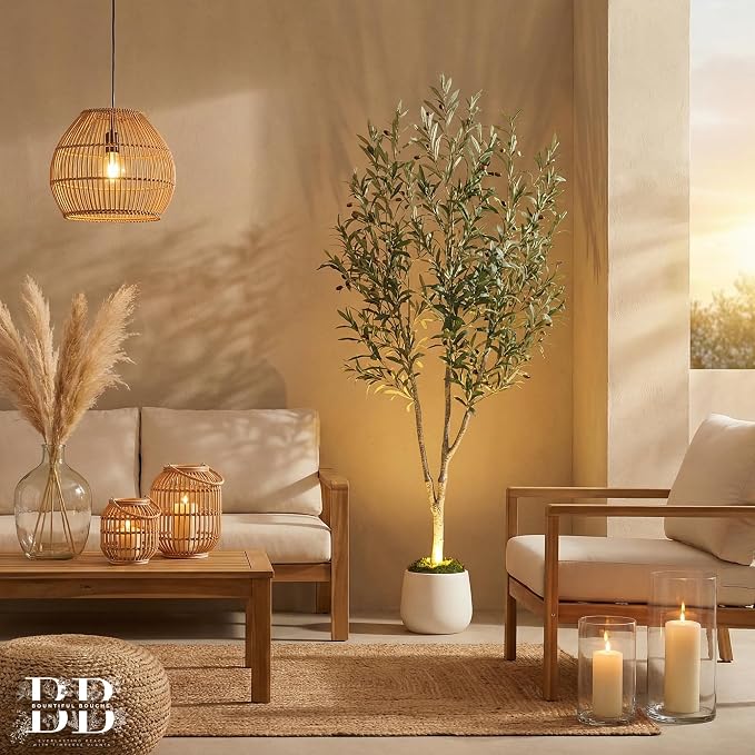 6ft Lifelike Artificial Olive Tree with Light, White Pot, Moss & LED | 943 Vein-Detailed Leaves · 52 Olives · 4ft Wired USB LED with Switch · Moss Included · Shapeable Branches · Zero Maintenance