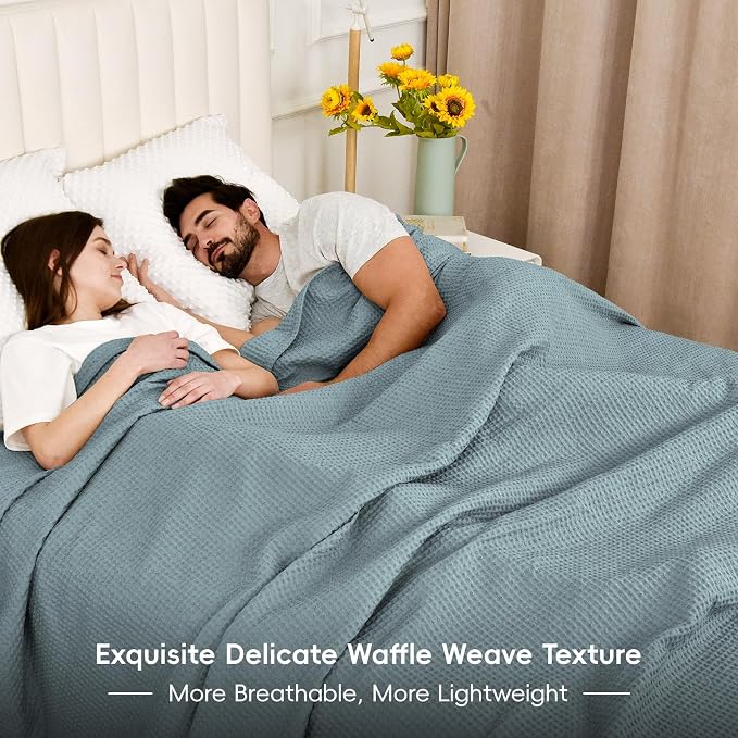 PHF 100% Cotton Waffle Weave Family Blanket Oversized King 120"*120", Pre-Washed Lightweight Breathable for Spring Summer, Machine Washable,10'x 10' Huge Extra Large Big, Home Decoration Gift - Ocean