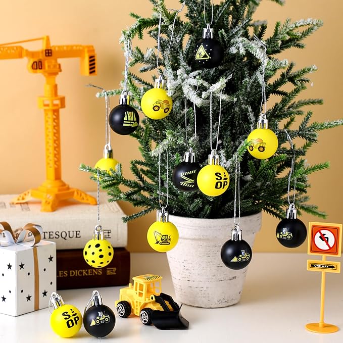HyDren 40 Pcs Mini Construction Ornaments Yellow and Black Construction Theme Party Decoration 1.2 Inch Small Hanging Ball for Holiday Decorations