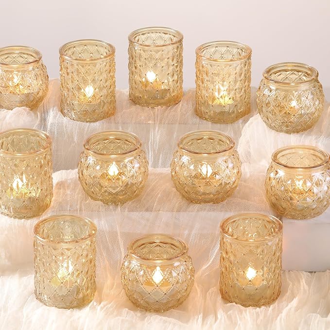DARJEN 12Pcs Gold Votive Candle Holders - Glass Candle Holder for Table Centerpiece, Tea Light Candle Holders Glass for Wedding Shower, Home & Tea Party Decor