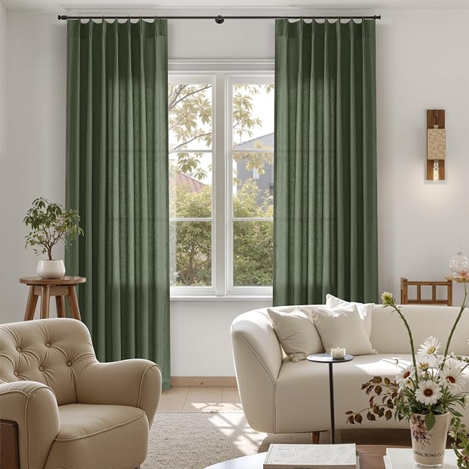 Olive Green Pinch Pleated Linen Curtains 84 Inch Length for Living Room Bedroom Vintage Country Boho Farmhouse Window Privacy Light Filtering Semi Sheer Drapes with Hooks for Nursery Aesthetic Decor