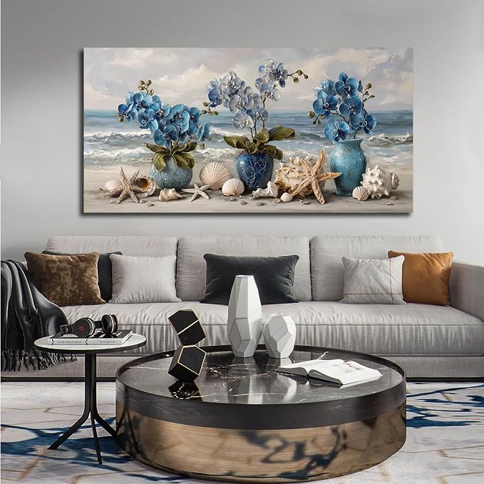 AOZEMI Vase Wall Art Large Seascape Wall Decor Beach Canvas Art Coastal Ocean Pictures Flower Poster Starfish Conch Shell Print Art for Bedroom Bathroom Living Room Office 29"x 59"