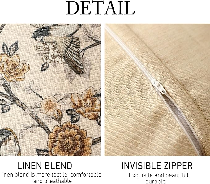 ISAENNE Vintage Linen Square Throw Pillow Cover,Set of 2,18"x18"-Murad A | Designer French Decor Pillow Cover,Concealed Zipper Design,Floral and Bird Pattern,Sofa,Bedroom,Living Room,Lounge Chairs
