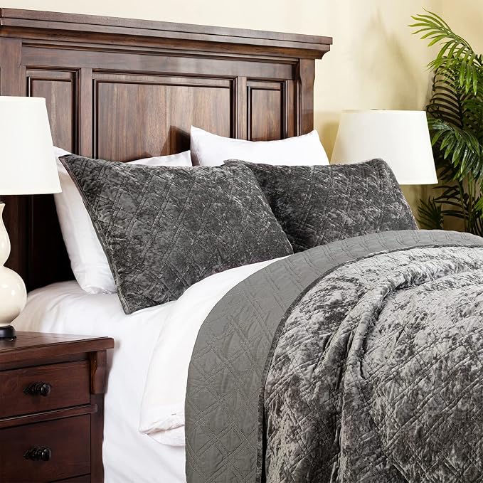 ELEGANT LIFE HOME Luxury Washed Crushed Velvet Diamond Stitching Bedding Quilt Set with Matching Sham, Full/Queen (90 in x 92 in /1+20 in x 26 in /2), 3 Piece, Charcoal Gray