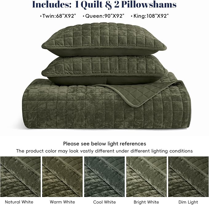 PHF Luxurious Velvet Quilt Set Queen Size – 3PCS Super Soft Quilted Comforter Alternative with Square-Box Quilt Pattern, Warm Quilted Bedspread Coverlet, 90" x 92", Smokey Olive