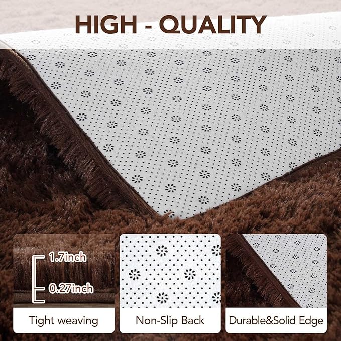 FinRèc 9x12 Rugs for Living Room Bedroom, Dark Brown Fluffy Shaggy Area Rug, Non-Slip Soft Shag Rug for Nursery Kids Room Dorm Room Home Decor, Indoor Plush Floor Carpet