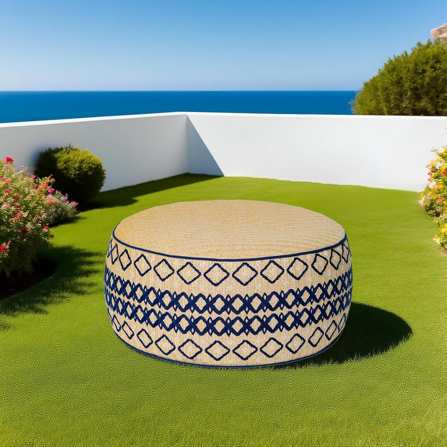 Outdoor Inflatable Ottoman with Air Pump, Embroidery Patio Footrest Stool D21”x H9”, Round Pouf Ottoman with Portable Handle Suitable for Garden, Camping, Bedroom, Living Room
